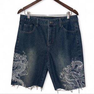BOLD y2k Blue Denim Dragon Embroidered Jean Shorts - Unisex Style